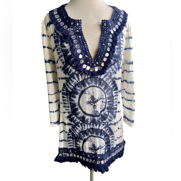 Tory Burch Blue & White Tunic Cover Up Size 8 - Picture 7 of 11